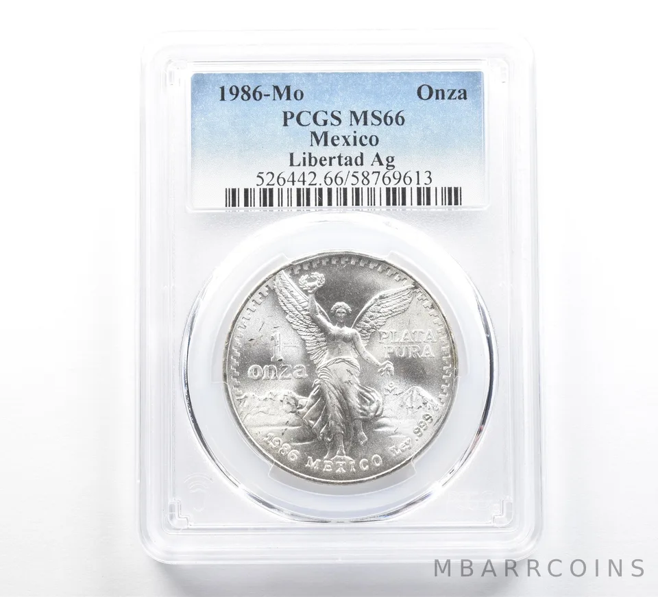 1986 Mo Mexico 1 Onza Silver Libertad MS66 PCGS Blue Label