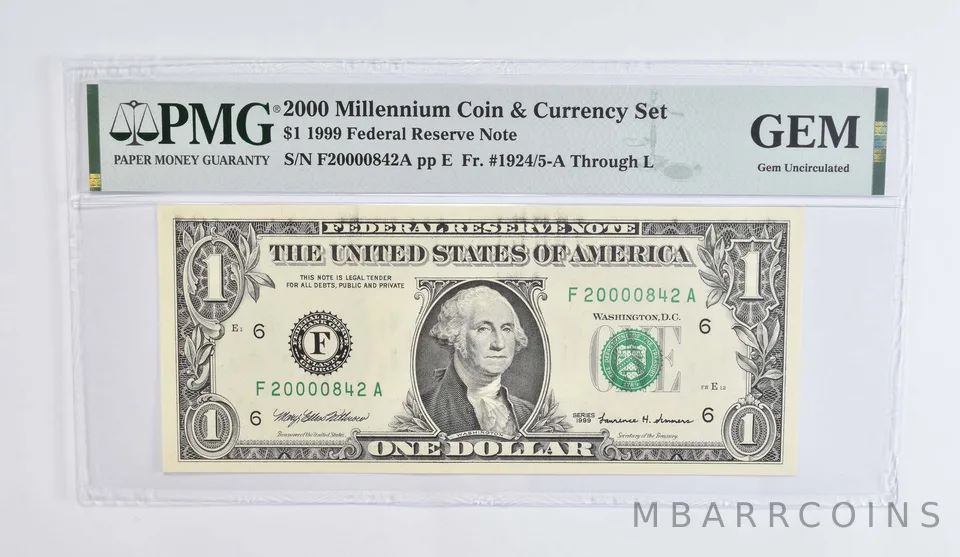 $1 2000 FRN (Millennium Coin & Currency Set) PMG Gem Unc FR 1924/5-A - L