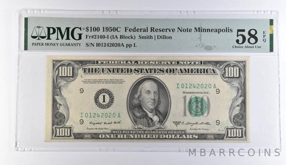 1950 C $100 Minneapolis MN FRN Fr#2160-I Choice AU 58 EPQ PMG *9381