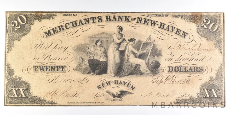 1858 $20 New Haven CT Merchants Bank Obsolete Note *0253