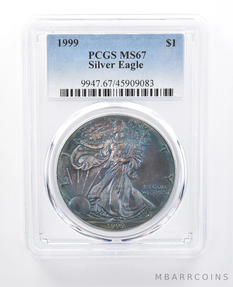 1999 American Silver Eagle MS67 PCGS Blue Tone a8000
