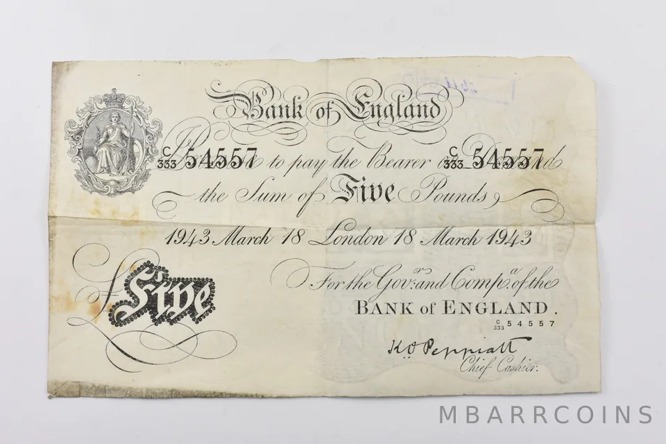 1943 England 5 Pound Note White Fiver WWII *6561