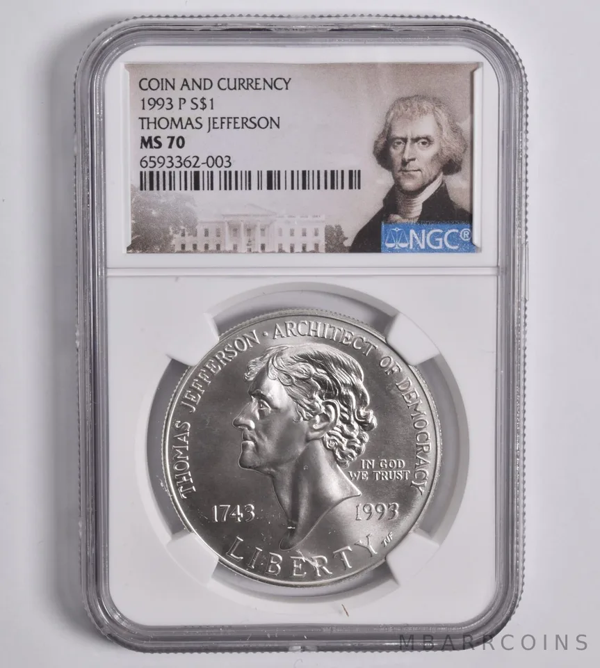 1993-P Jefferson Commem. Silver Dollar Coin & Currency MS70 NGC Face Lbl
