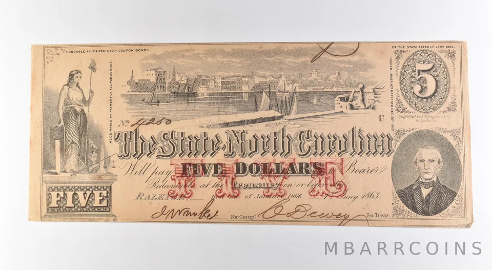 1863 $5 State Of North Carolina Obsolete Note *3176