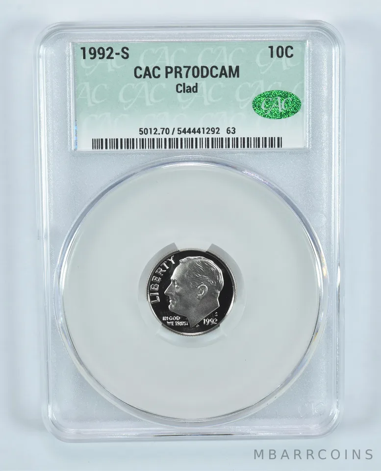 1992-S Roosevelt Dime CLAD PR70 DCAM CAC CACg