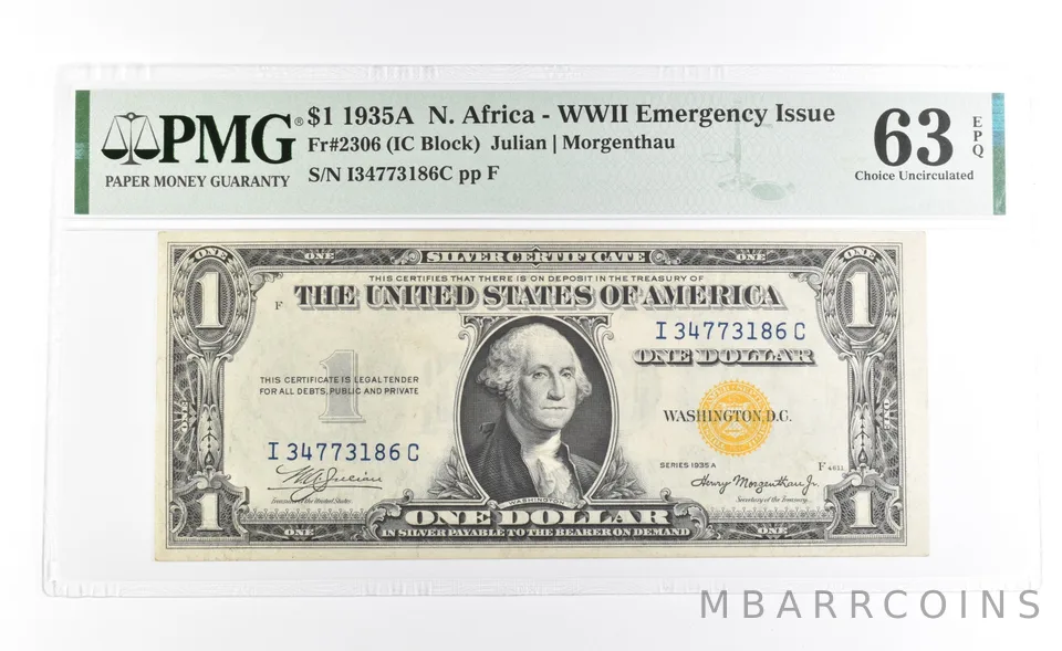 PMG 63 Unc EPQ 1935 A $1 North Africa WWII Emergency Issue Fr#2306 a1114