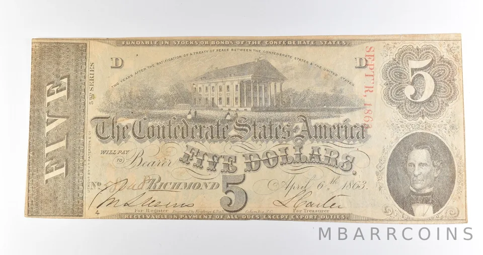 1863 $5 Richmond VA Confederate States Of America Obsolete Note *3880