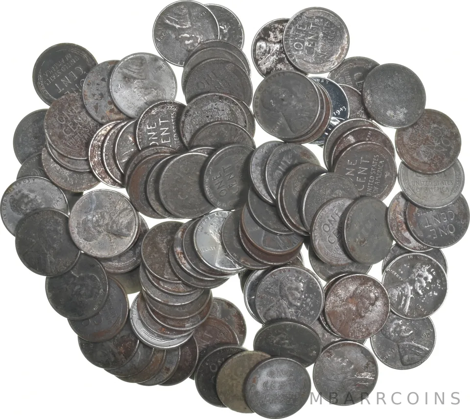 2 Rolls (100 Coins) 1943 Steel Cent 'Silver' Penny Bulk WWII Collection