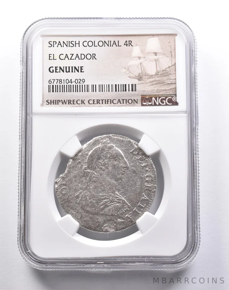 Genuine El Cazador Spanish Colonial 4 Reales NGC Shipwreck Certification *3691