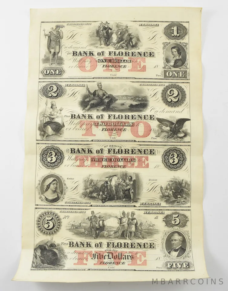 Nebraska NE Bank of Florence $1-$2-$3-$5 18__ Uncut 1800's a1954