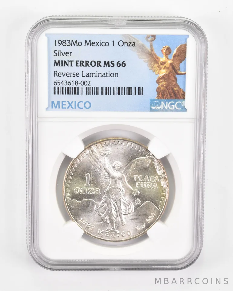 ERROR MS66 1983 Mo Mexico 1 Silver Onza - REV Lamination - Graded NGC a0538