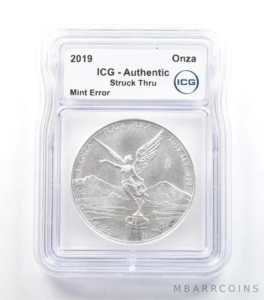 2019 Mo Mexico 1 Onza Silver Libertad Mint Error Struck Thru Authentic ICG *5055