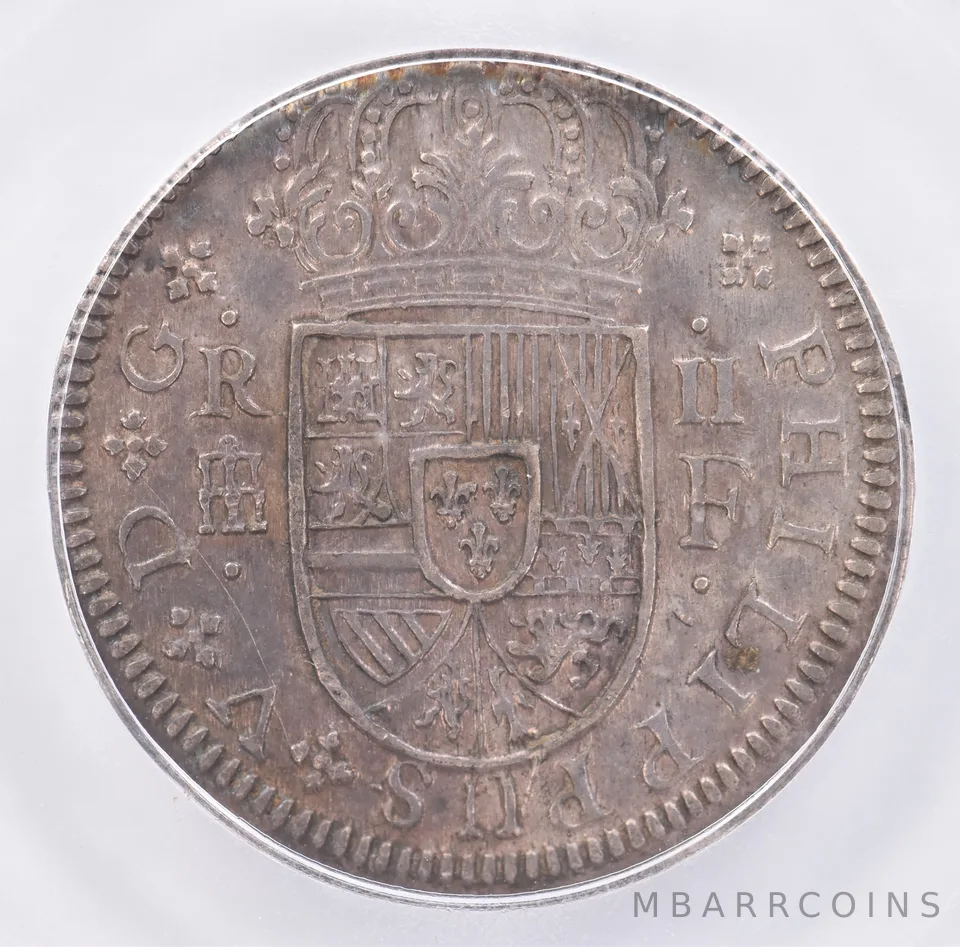 1721 Spain 2 Reales Philip V MS62 ICG Beautiful Tone *1908