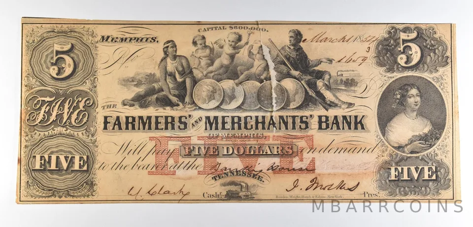 1854 $5 Memphis TN Farmers & Merchants Bank Obsolete Note *8653