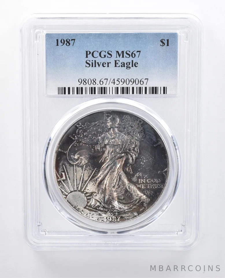 1987 American Silver Eagle MS67 PCGS Dark Blue Tone *7991