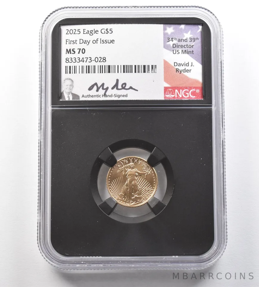 2025 $5 American Gold Eagle David Ryder FDOI 1/10 Oz Gold MS70 NGC *0996