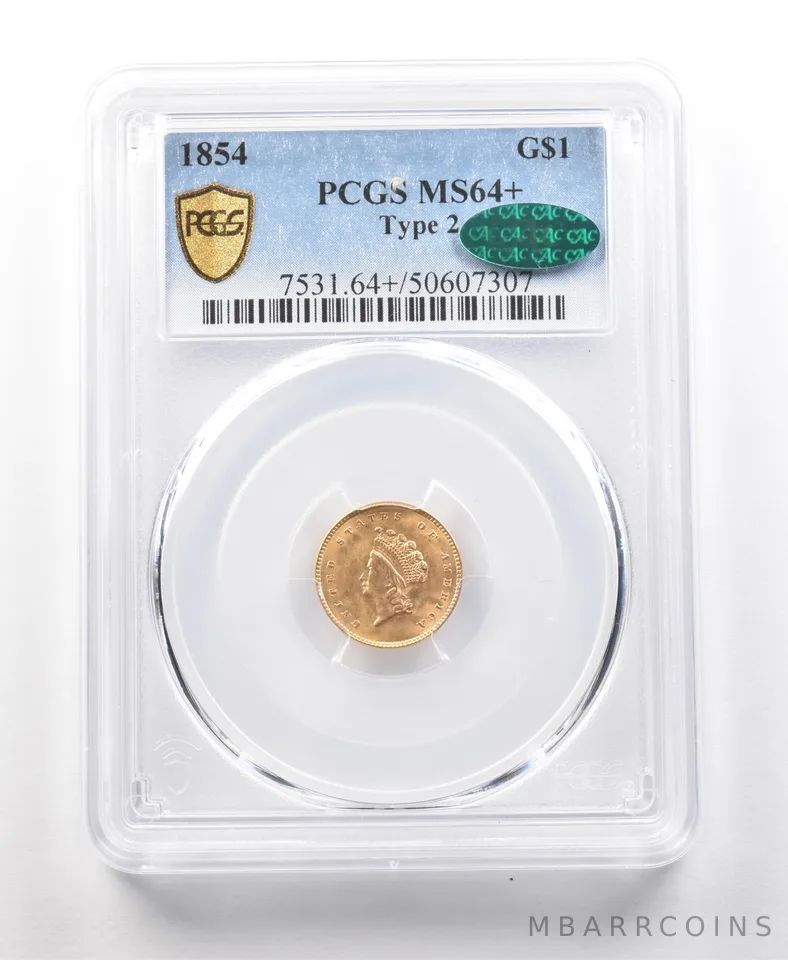 1854 $1 Indian Princess Head Gold Dollar Type 2 MS64+ PCGS CAC *1149