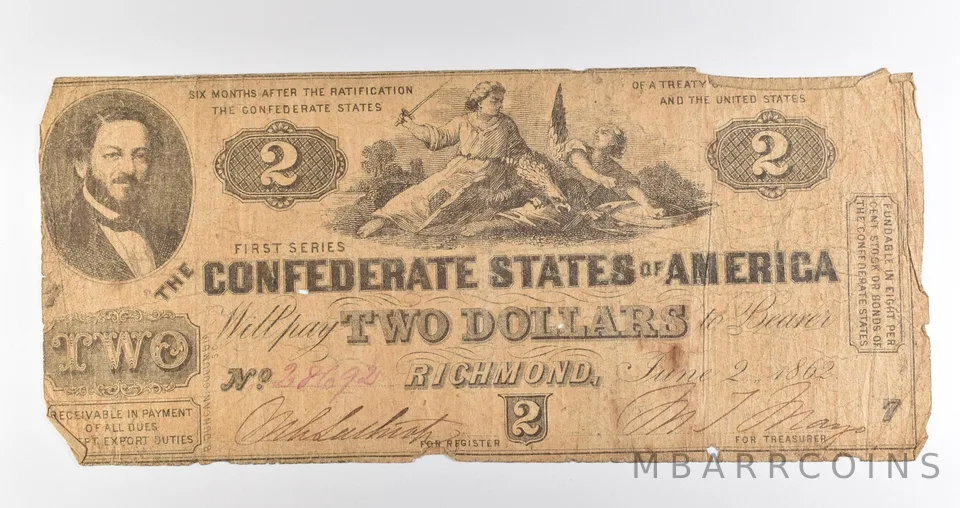 1862 $2 Richmond VA Confederate States Of America Obsolete Note *3925