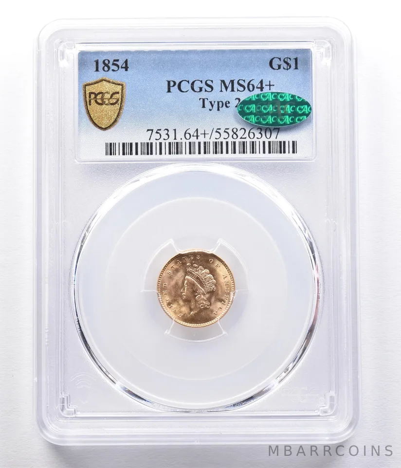 1854 $1 Indian Princess Head Gold Dollar Piece Type 2 MS64+ PCGS CAC *2336