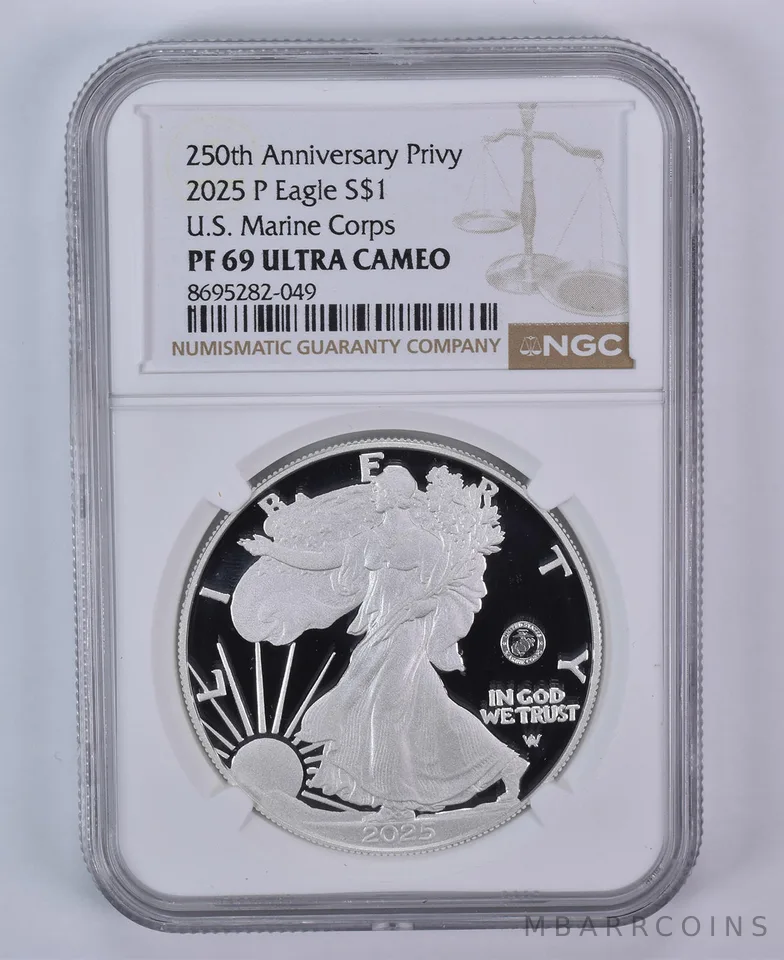 2025-P American Silver Eagle Marine Corps Privy PF69 UCAM NGC Brown Label