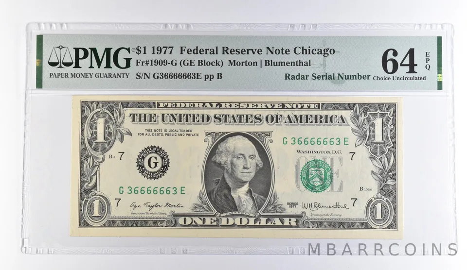 1977 $1 Chicago IL FRN Radar S/N Fr#1909-G Choice Unc 64 EPQ PMG *9512