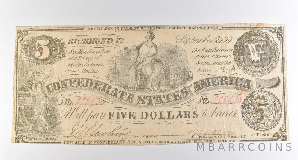 1861 $5 Richmond VA Confederate States Of America Obsolete Note *3869