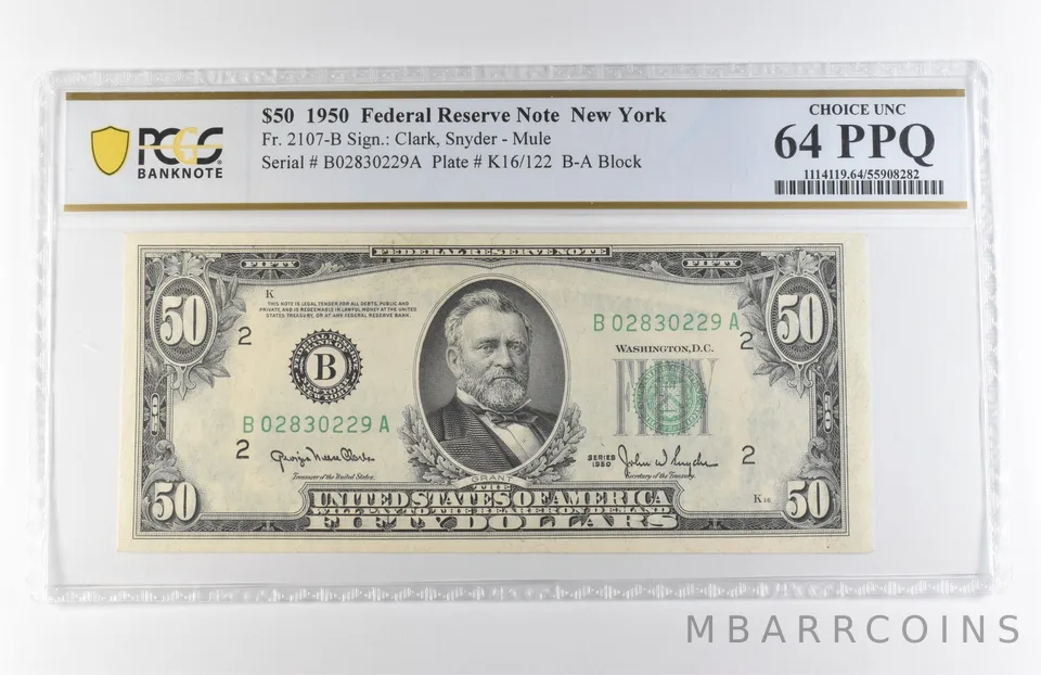 1950 $50 New York NY FRN Fr#2107-B Mule Choice Unc 64 PPQ PCGS *7908