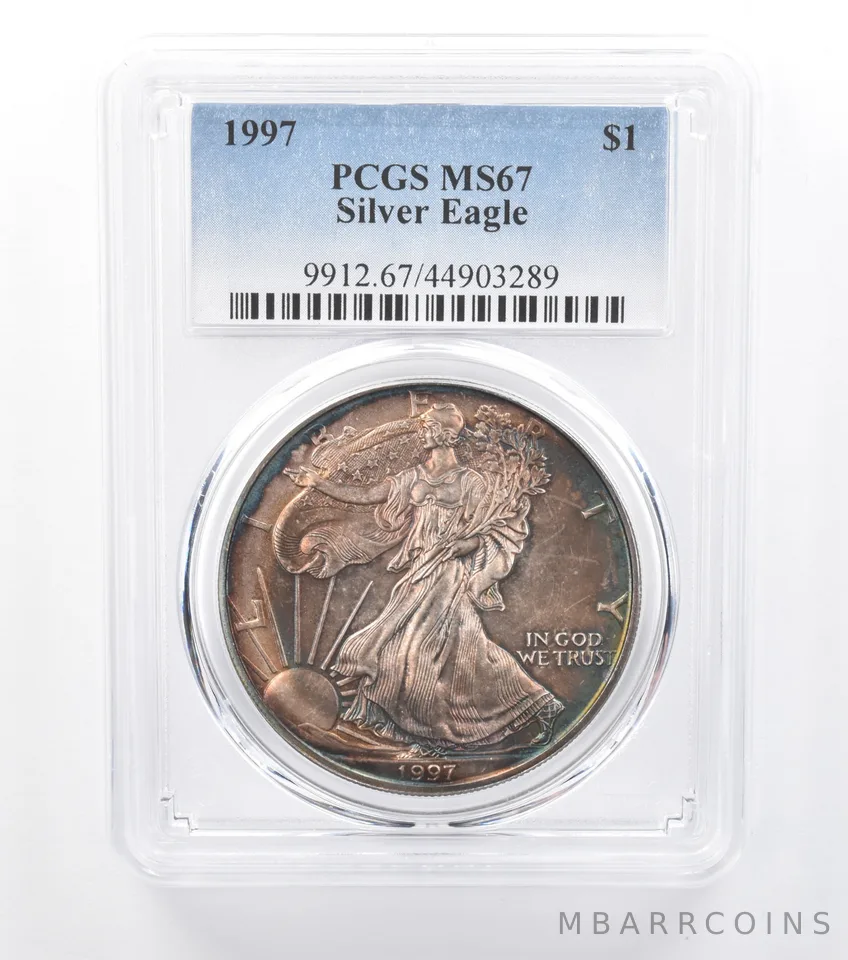 1997 American Silver Eagle MS67 PCGS Blue/Purple Tone *7764