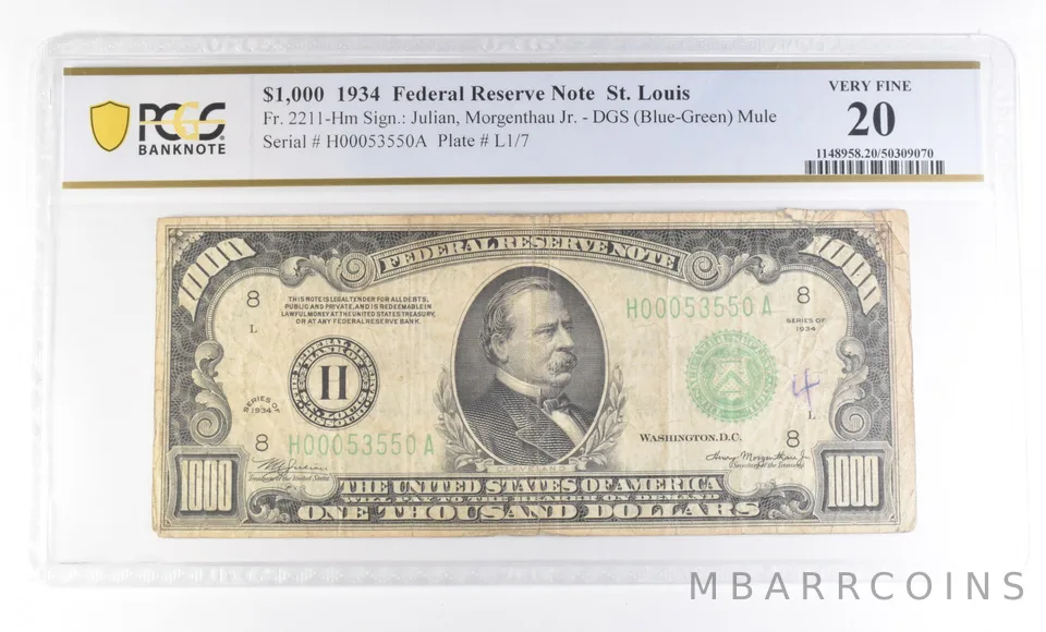 1934 $1000 St Louis MO FRN Fr#2211-Hm Very Fine 20 PCGS *4722