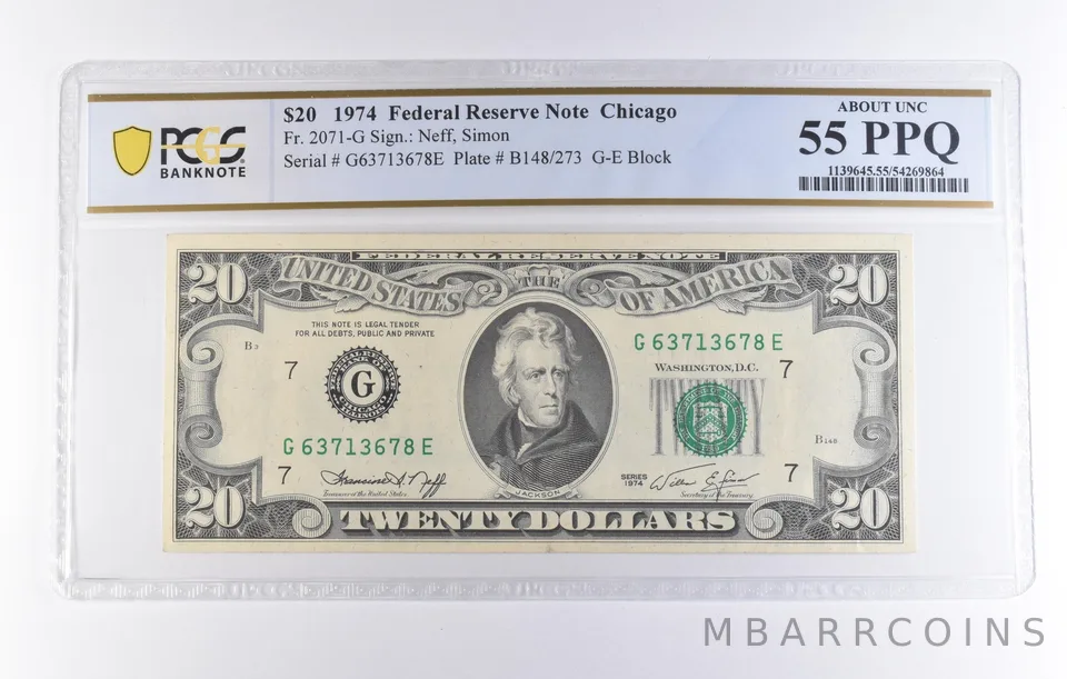 1974 $20 Chicago IL FRN Fr#2071-G About Unc 55 PPQ PCGS *8282