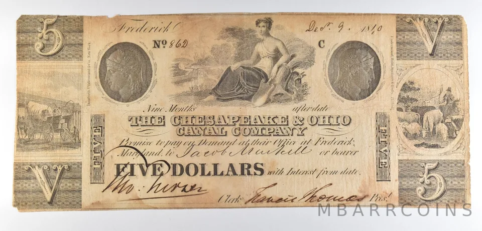 1840 $5 Frederick MD Chesapeake & Ohio Canal Company Obsolete Note *8502