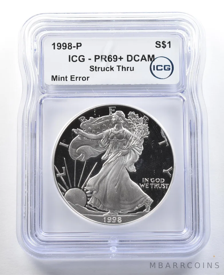 1998-P American Silver Eagle Mint Error Struck Thru PR69+ DCAM ICG *3305
