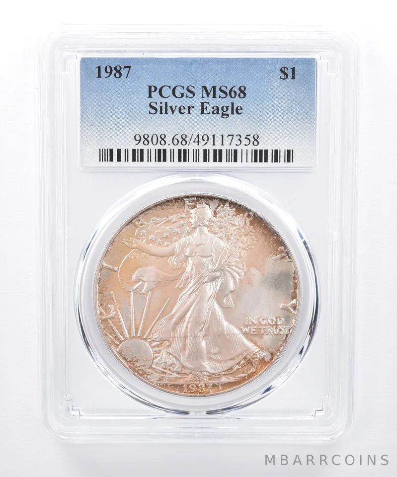 1987 American Silver Eagle MS68 PCGS Red/Orange Tone *8401