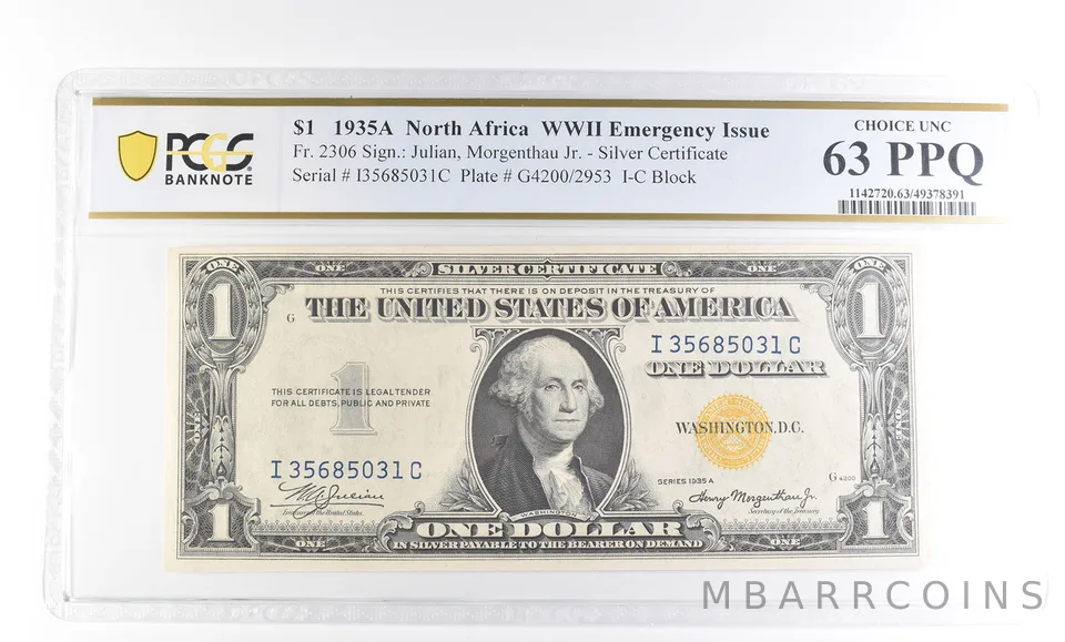 1935 A $1 N. Africa Silver Certificate WWII Fr#2306 Choice Unc 63 PPQ PCGS a2451