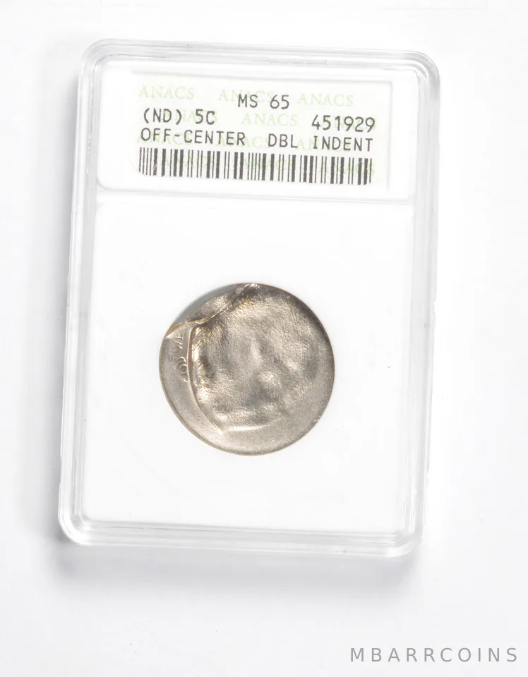MS65 No Date Jefferson Nickel - Off-Center - Double Indent - Graded ANACS *2268