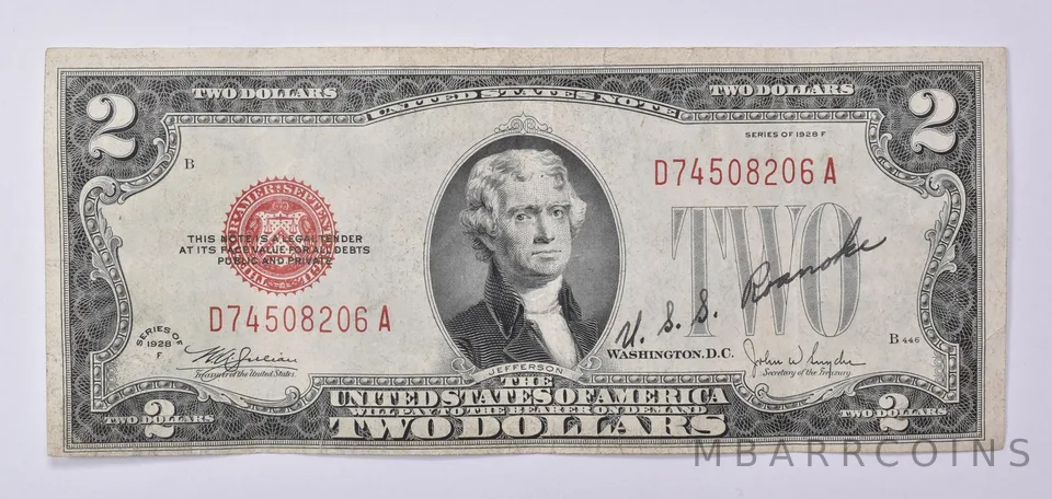 1928 F $2 US Note Red Seal Short Snorter *0592