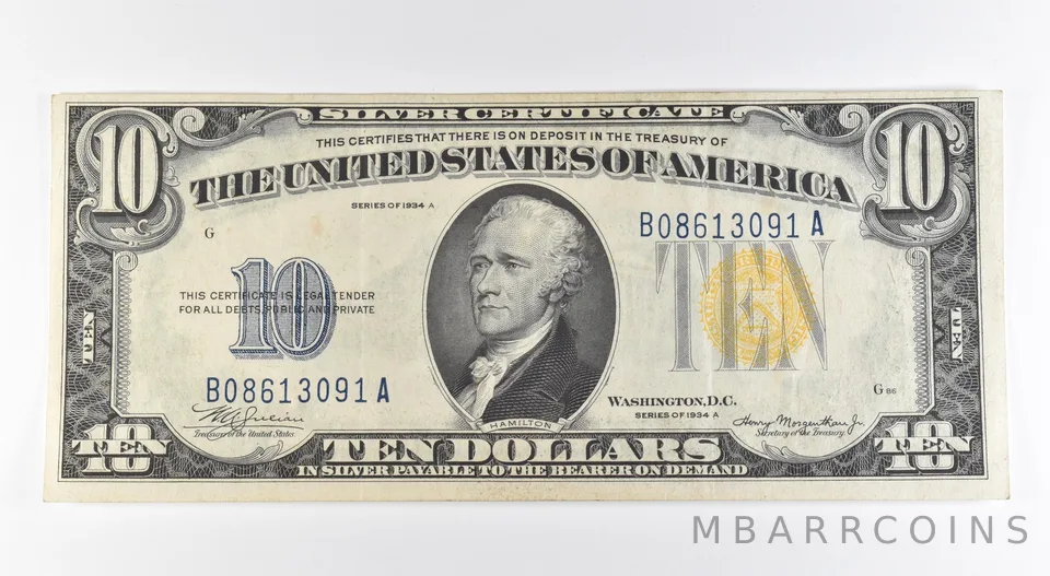 1934 A $10 Silver Certificate Yellow Seal North Africa Fr#2309 *0448