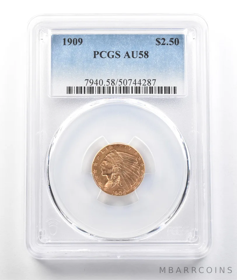 1909 $2.50 Indian Head Gold Quarter Eagle AU58 PCGS *0423