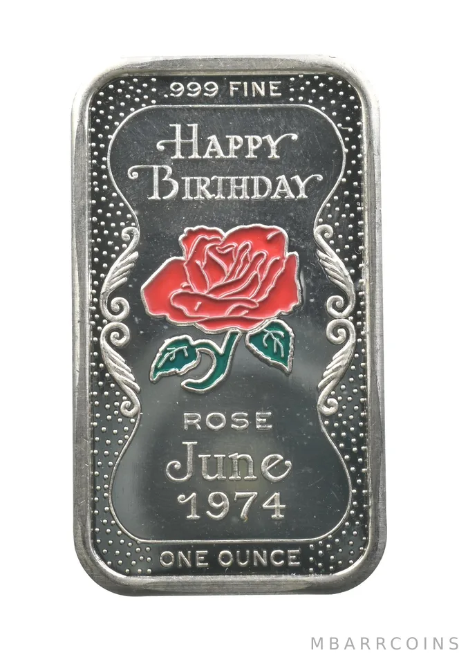 1974 1 Oz Silver Bar Happy Birthday June Rose Ceeco *1066