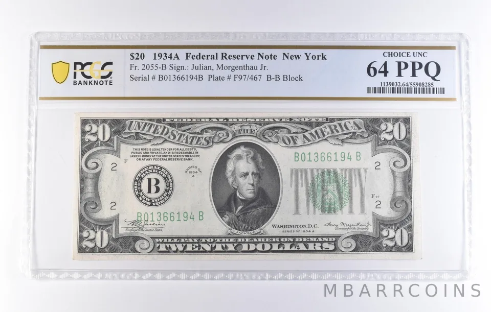 1934 A $20 New York NY FRN Fr#2055-B Choice Unc 64 PPQ PCGS *8246