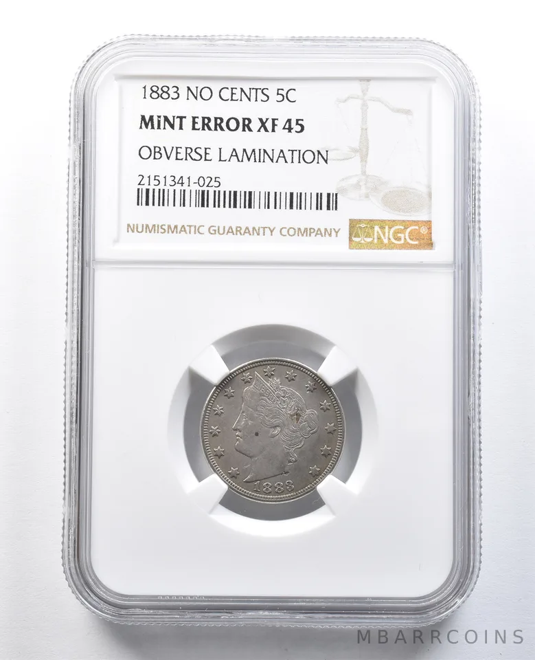 1883 Liberty V Nickel No Cents Mint Error Obverse Lamination XF45 NGC a8235
