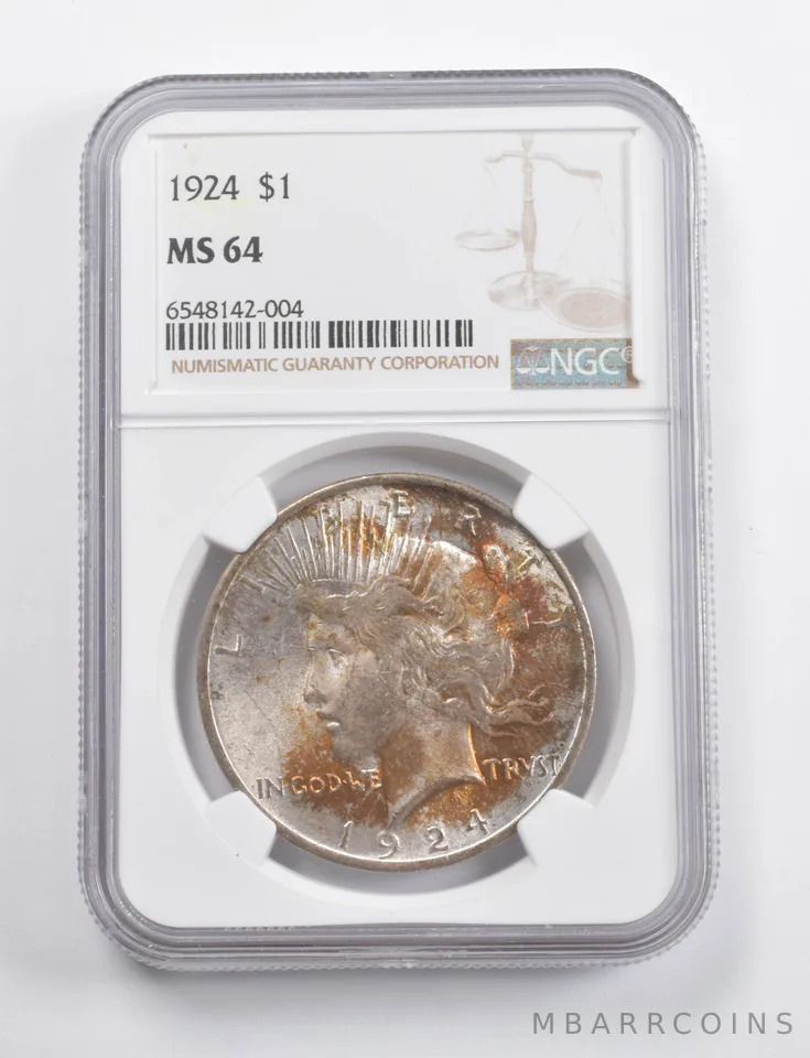 MS64 1924 Peace Silver Dollar NGC - Insane Color a3465