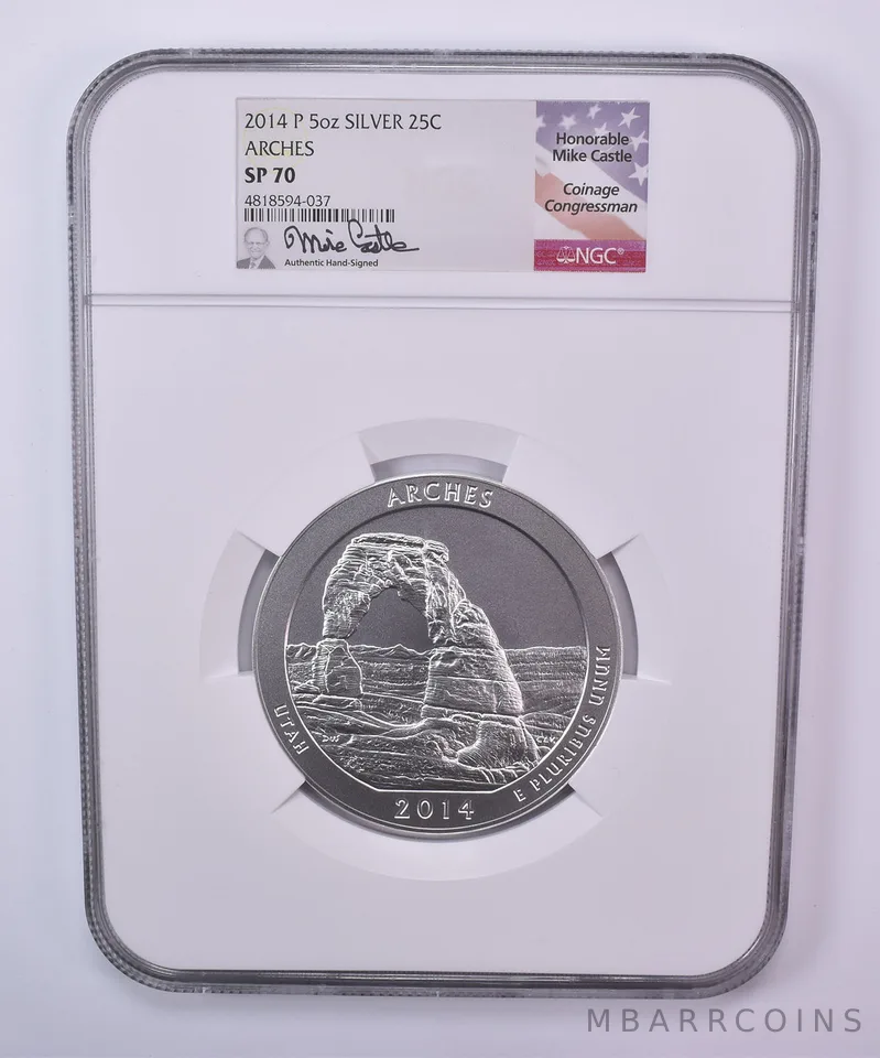 2014-P 5 Oz Silver Quarter ATB Arches Mike Castle SP70 NGC