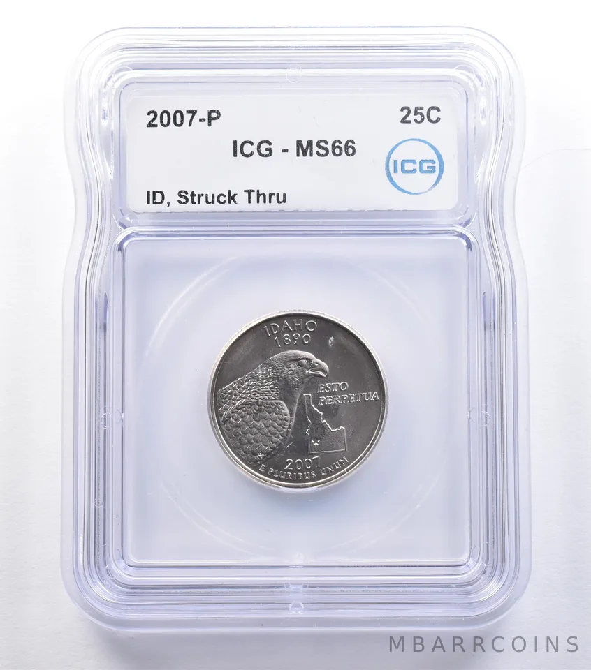 2007-P Washington State Quarter Idaho Mint Error Struck Thru MS66 ICG *9588