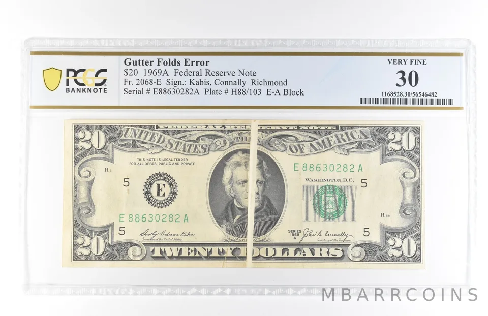 1969 A $20 Richmond VA FRN Gutter Folds Error Fr#2068-E Very Fine 30 PCGS *5817