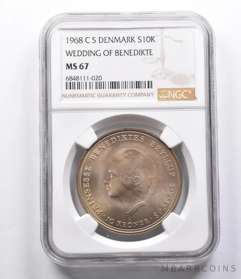 MS67 1968 C S Denmark 10 Kroner Silver Wedding Of Benedikte NGC *2922