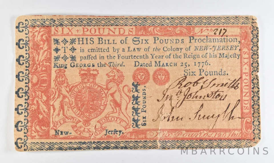 1776 New Jersey 6 Pounds Colonial Note a4093