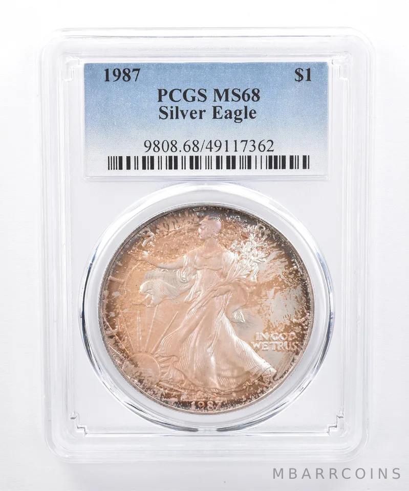 1987 American Silver Eagle MS68 PCGS Purple/Orange Tone *8478