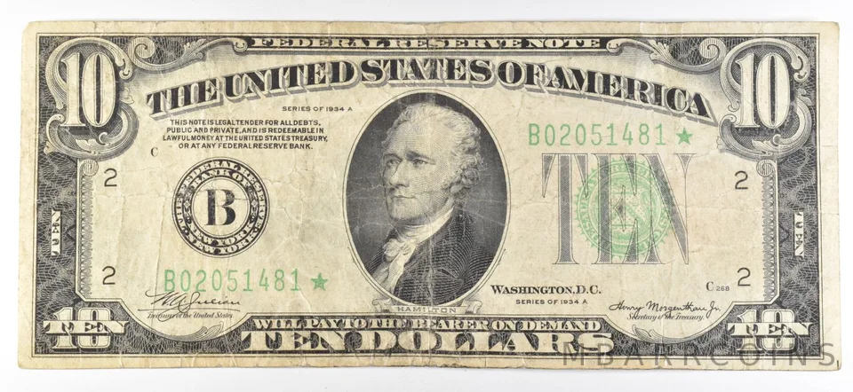 1934 A $10 New York NY FRN Star Note Green Seal a1364