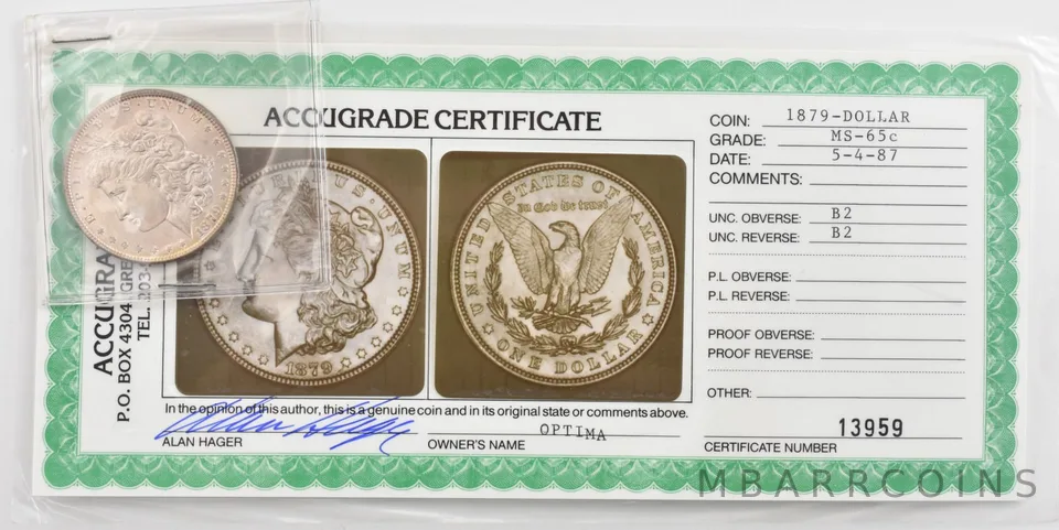 1879 Morgan Silver Dollar W/ Accugrade Certificate *1919